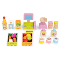 Duży drewniany stragan dla dzieci sklep z terminalem i wagą owoce warzywa 20 elementów ECOTOYS