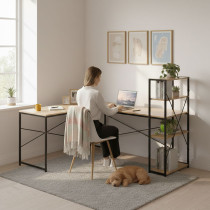 Biurko narożne z regałem 4 półki komputerowe jasny dąb loftowe ModernHome