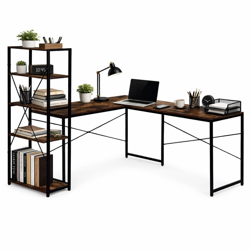 Biurko narożne z regałem 4 półki komputerowe postarzany orzech loftowe ModernHome