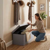 Pufa pikowana 111x38 cm ze schowkiem tapicerowana ława skrzynia jasnoszara ModernHome