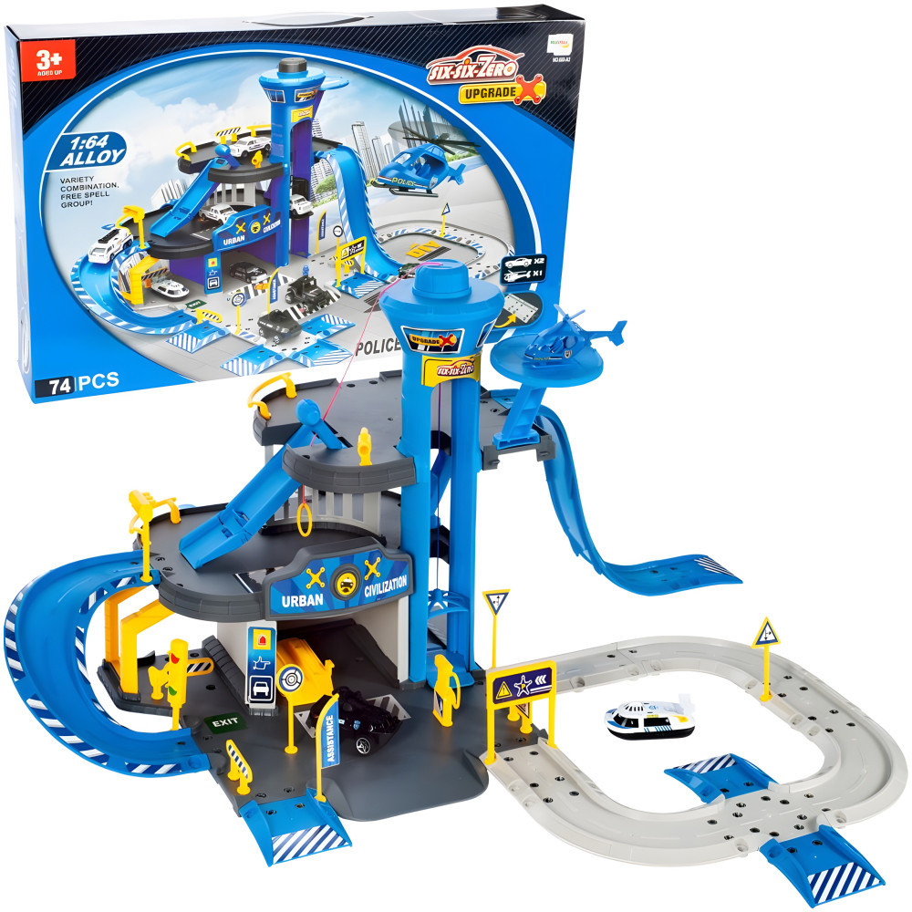 Garaż samochodowy komenda policji 3 poziomy z windą autka + helikopter 74 elementy